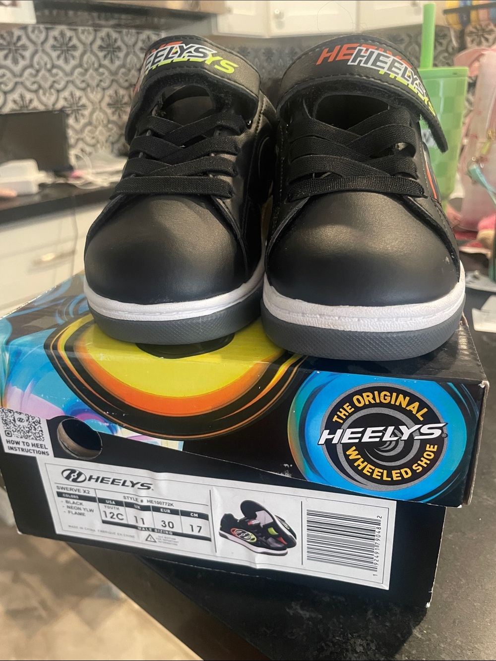 Heelys Kids Black Sneakers with Neon Logo Accents, NIB, Sz 12c